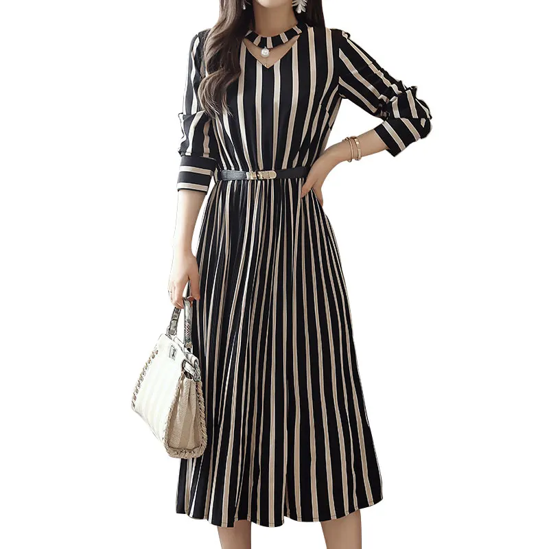 

Striped Dress With Blet Womens Elegant Dresses Long Sleeve Vestidos 2019 Summer A-Line Midi Long Plus Size Dresses For Women 4XL
