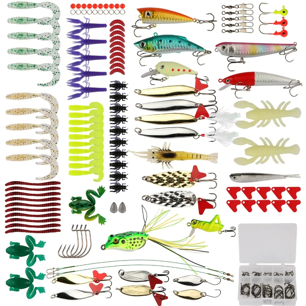 Goture Fishing Lure Kit 175pcs/Set Minnow Popper Crank Spinner Metal Spoon Lure Swivel Soft Bait