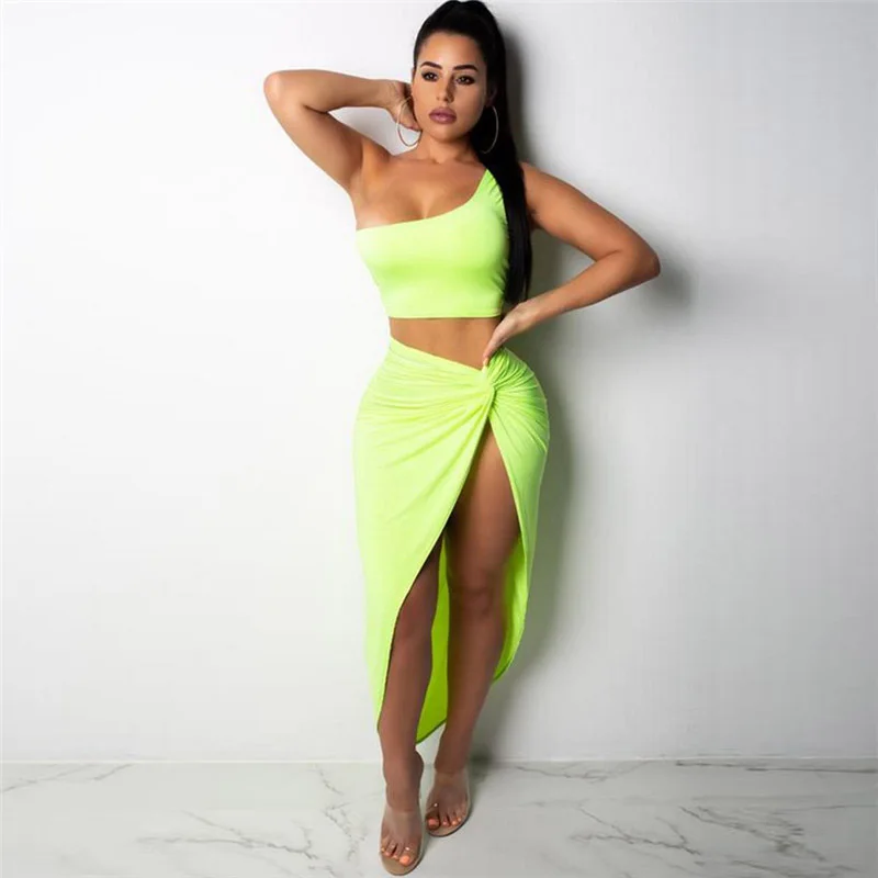 Комплект пляжной юбки неонового цвета GBYXTY, сексуальный комплект из 2 предметов для женщин, укороченный топ с одним плечом и юбка с разрезом, комплект одежды розового цвета, ZL169 - Цвет: Зеленый