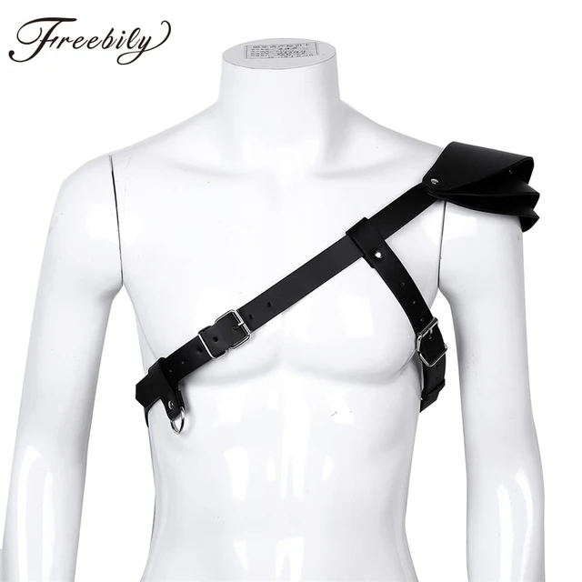 Reviews Hot men's Punk Body Chest Belt Harness Top Mens Lingerie Faux Leather Adjustable Buckles One-shoulder Guard Armour Costumes