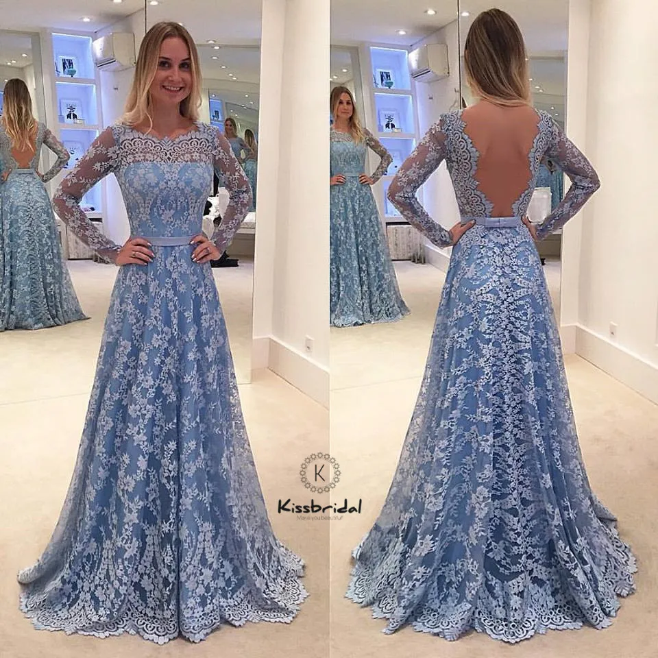 

Elegant Lace Evening Dress Long Sleeve Backless A-line Blue Prom Party Wear vestido de festa longo
