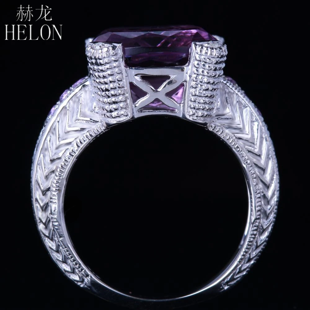 HELON Solid 10 K белое золото 12 мм Подушка безупречная 6.15ct натуральный аметист бриллианты кольцо для женщин вечерние старинные ювелирные украшения