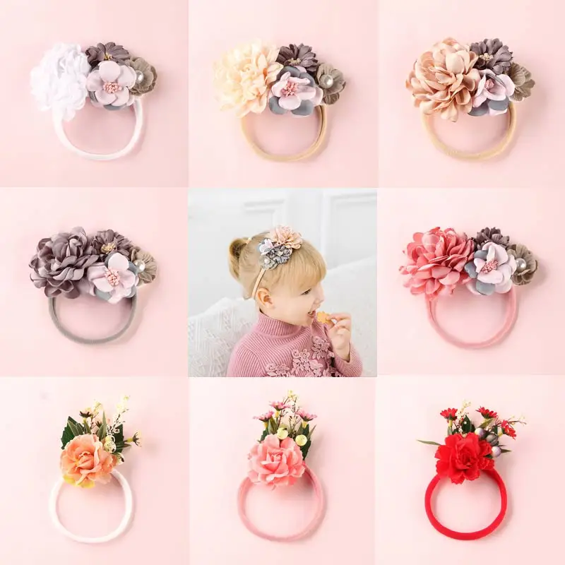 

Fashion flower hair accessory cute fake flower nylon headband Artificial Floral hairband stretch headwear for little girls