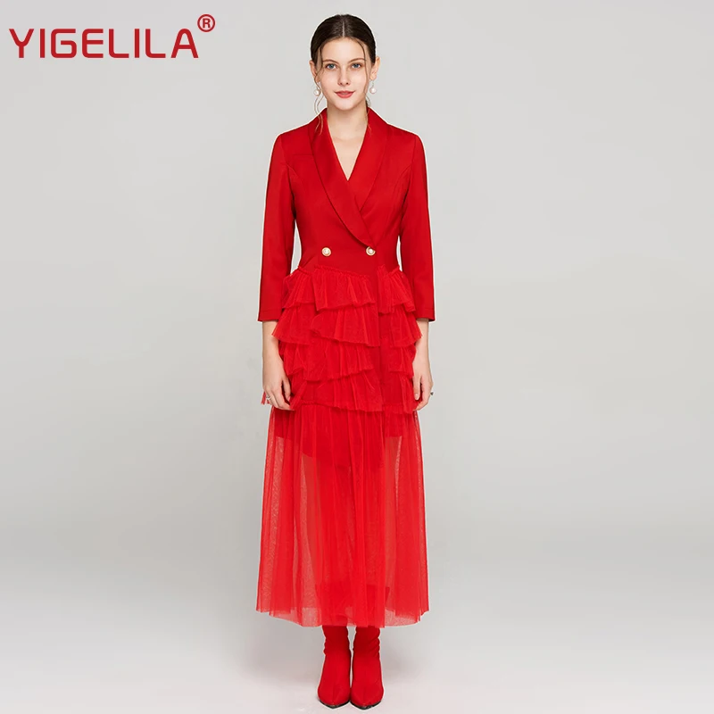 

YIGELILA Fashion Week Women Red Long Party Dress Autumn Turn-down Collar Three Quarter Sleeve Full Length Mesh Suit Dress 63965