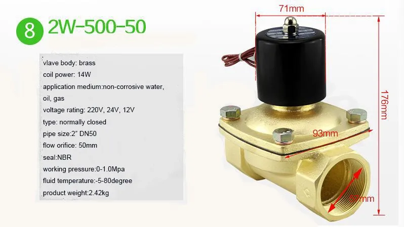 2 дюймов 12 v электромагнитный клапан DN50 2W-500-50 NPT G латунь нормально закрытый Высокая Температура из резиновой смеси на основе бутадиен-5-80 градусов
