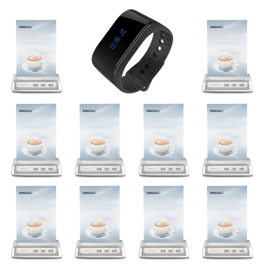 

SINGCALL Wireless Calling System restaurant pager systems 1 wrist waterproof mobile receiver and 10 white table call pagers
