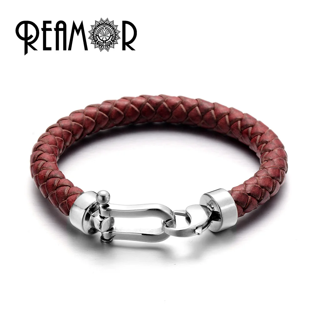 REAMOR Retro Red Genuine Braided Leather Men Bracelets Bangles With 316l Stainless Steel Lobster Clasp Fashion