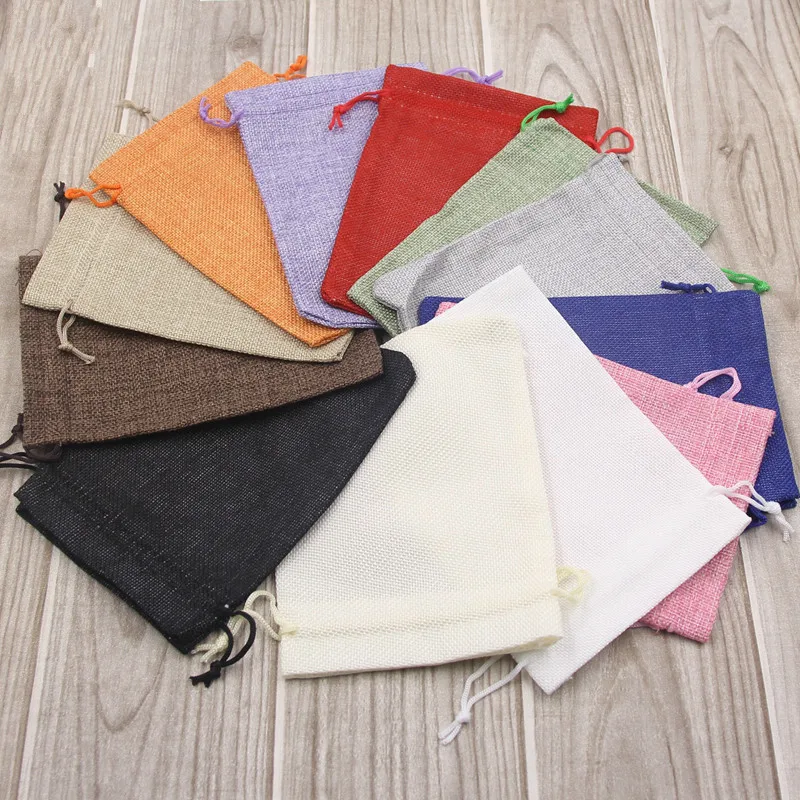 

New 50 PCS/Lot 13*18CM Natural Colorful Jute Bag Burlap Drawstring For Wedding Decoration Candy Gift Beads Jewelry Bags Supplies