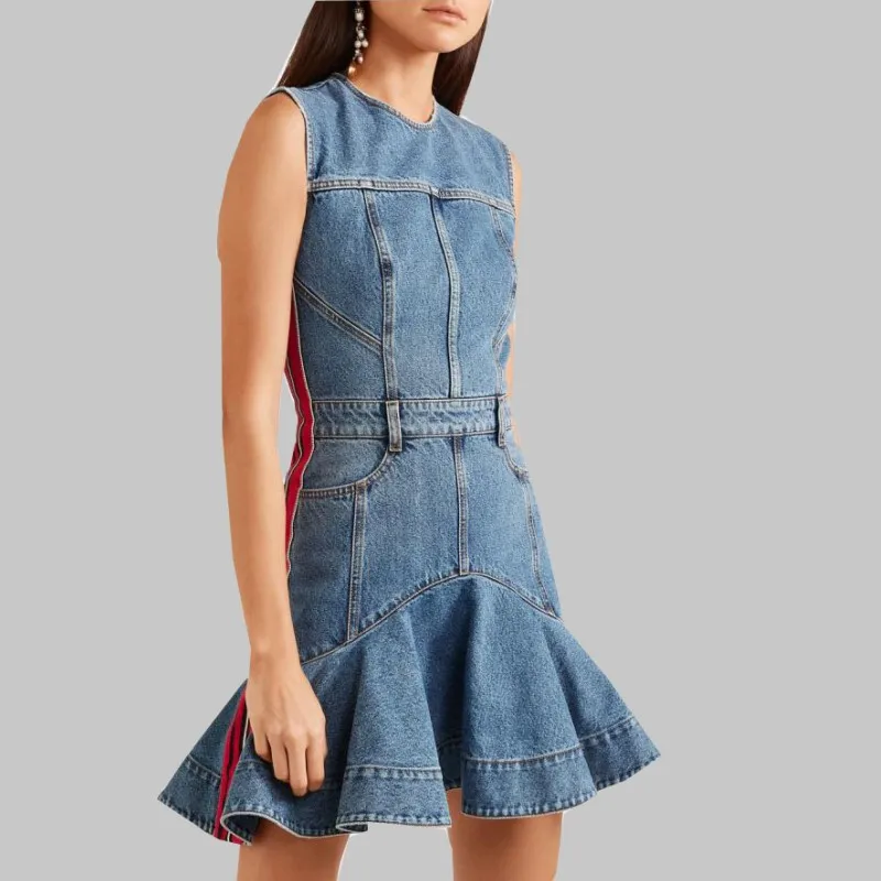 

2019 Runway Summer Women Denim Fishtail Dress Casual Sleeveless Hit Color Ruffles Bodycon Cowboy Party Dress With Belt