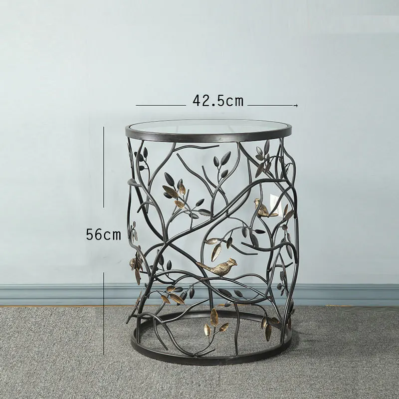 Vintage Round Living Room Sofa Balcony Small Round Table Side Table, Iron Tea Table Tempered Glass, Creative Furniture