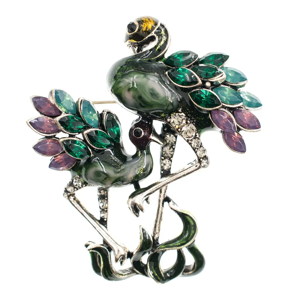 

Popular Vintage Style Rhinestone Crystals Double Flamingo Birds Brooch Pins Broach Women Dress Bag Accessories BQ0492