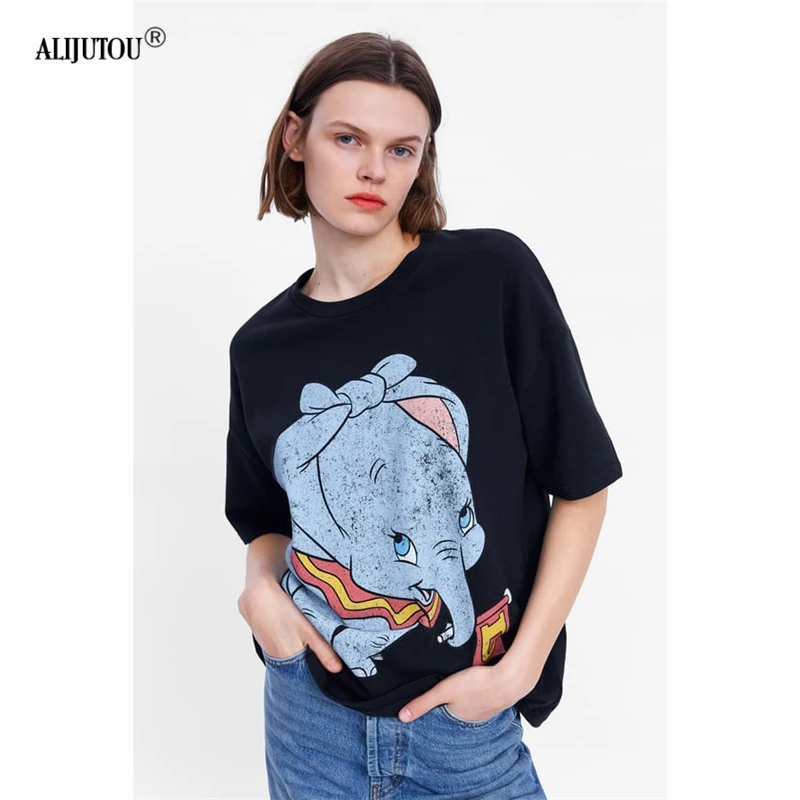 2019 zaraing Dumbo Woman t shirt Spring Summer Girls Print Short Sleeve O Neck Cotton Women Top Slim Fit Soft Quality Tops Tee
