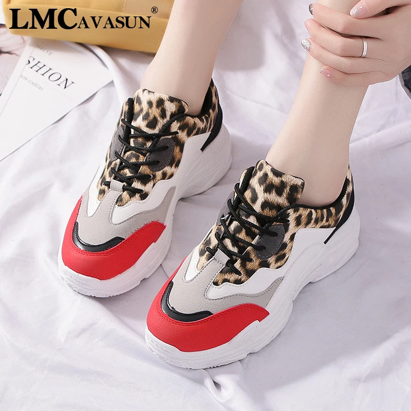 

LMCAVASUN Women Casual Shoes Female European and American Style Color Matching Leopard Print Old Shoes Women Sneakers