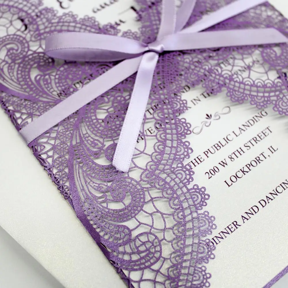  Laser Cut Wedding Invitations Purple Lace Invitation with Lavender Ribbon Unique Invitation Cards - - 4000032199302