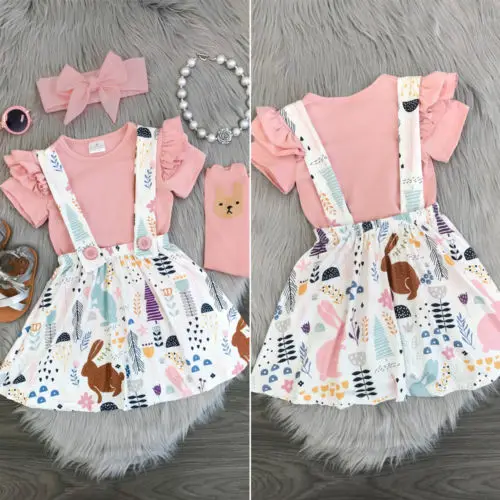 

New Fashion Pricness Kids Girls Clothes Sets Summer Pink Ruffles Tops+Supender Skirt Outfits Baby Girl Animal&Flower Print