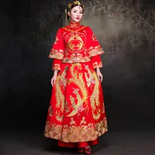 Traje de boda rojo clásico para mujeres 2 uds estilo chino bordado Cheongsam Vintage novia vestido de boda de gran tamaño Phoenix Qipao 3XL