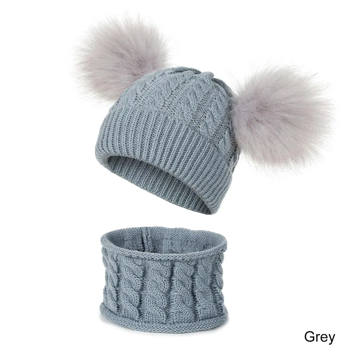 New Arrival Children Winter Thicken Braided Knitted Hat Scarf Set Solid Color Cute Fluffy Pompom Ball Beanies Scarf Set - Цвет: gray