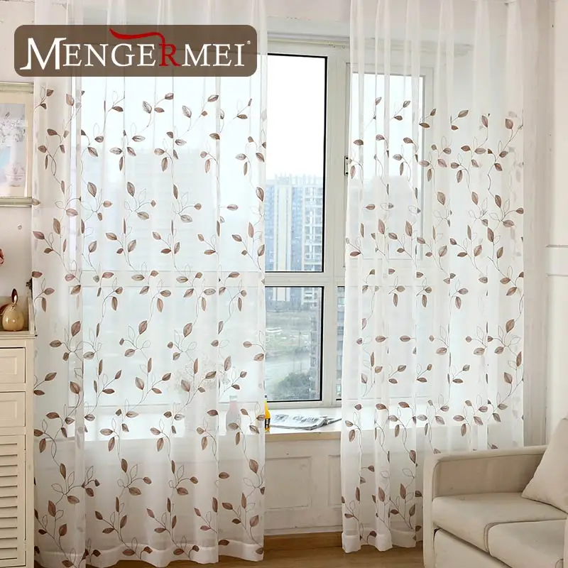 MENGERMEI Simple hojas cortina blanca bordada cortinas tul ventana tratamiento para dormitorio sala de estar XC19