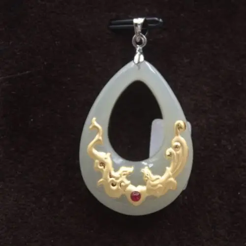 

Certified Natural Hetian Jade (Nephrite) 999 Yellow Gold Dragon Phoenix Pendant