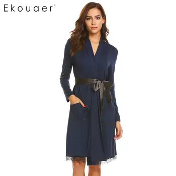 

Ekouaer Women Robes Nightwear Lace-trimmed Long Sleeve Pockets Kimono Sleepwear Robes Elegant Bathroom Spa Robe Female Homewear