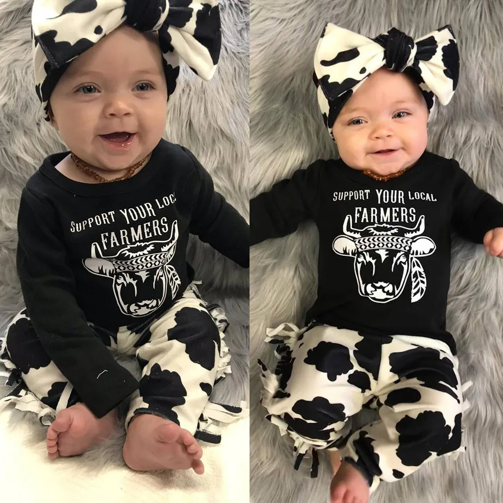 

Baby Girl Outfit Cow Letter Print T Shirt Romper+ Pants+ Headband Set Autumn Fashion Newborn Toddler Infant Boys Girls Clothes