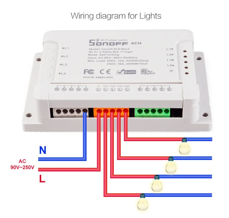 Sonoff 4ch R2 Smart Switch 4 канала нет 433 МГц 2,4G Wifi Пульт дистанционного управления умные модули автоматизации 10A бытовая техника