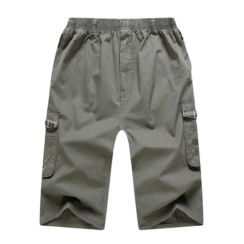 Summer Men Big Size 3/4 Cargo Pants Male Calf Length Cotton Straight Elastic Waist Pants Leisure
