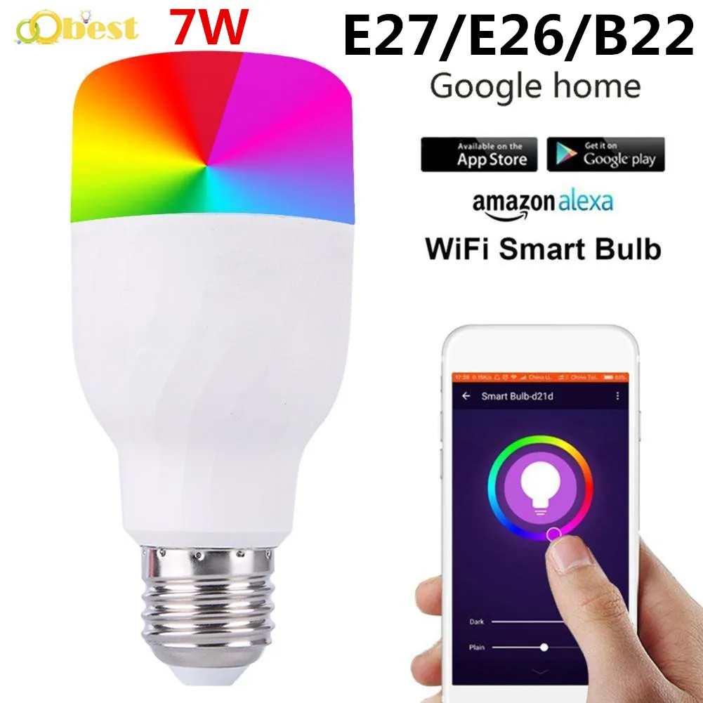 

1 PCS E27 E26 B22 7W Smart Light Bulb APP Remote Control Smart WIFI Light Bulb Color Adjustment Connect Amazon Alexa Google Home