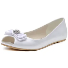 Женские туфли на плоской подошве белого цвета и цвета слоновой кости; удобные свадебные туфли с открытым носком и бантом; атласные женские вечерние туфли подружки невесты для выпускного вечера; EP11102