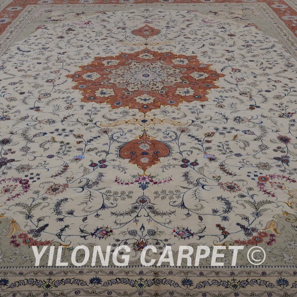 Yilong 11'x15' Персидского шерсть толстый ковер бежевый и розовый цвет изысканный Шерсть Шелк персидский ковер (1511)