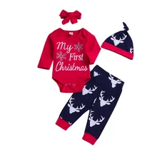 ARLONEET одежда для рождественских праздников комплект детской одежды из 4 предметов для маленьких девочек и мальчиков, комбинезон с длинными рукавами и надписью+ штаны+ шапочка+ повязка на голову