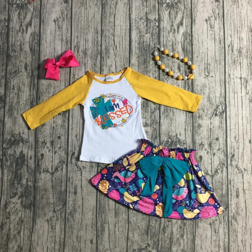 

girls Fall/winter clothes children girls top with skirts sets outfits I am blessed print clothing with necklace and bows