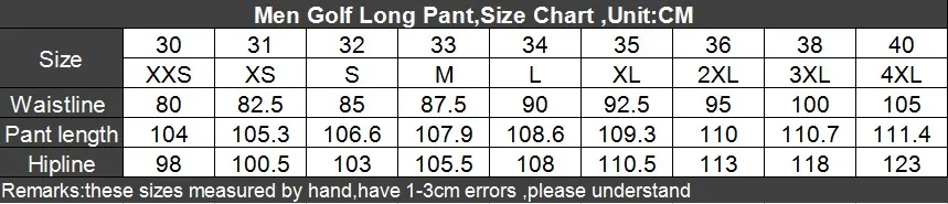 pant golf ,size chart