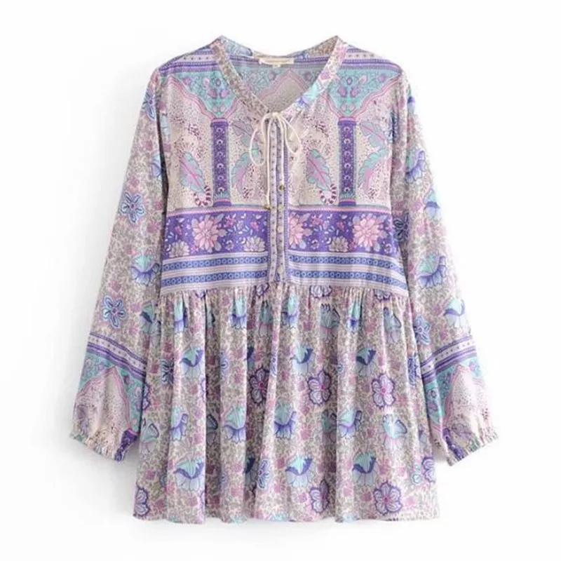 2019 Bohemian Lavender Floral Print Pullover Shirt Ethnic Women Bell Bow Lace Up O neck Long Sleeve Pullover Blouse