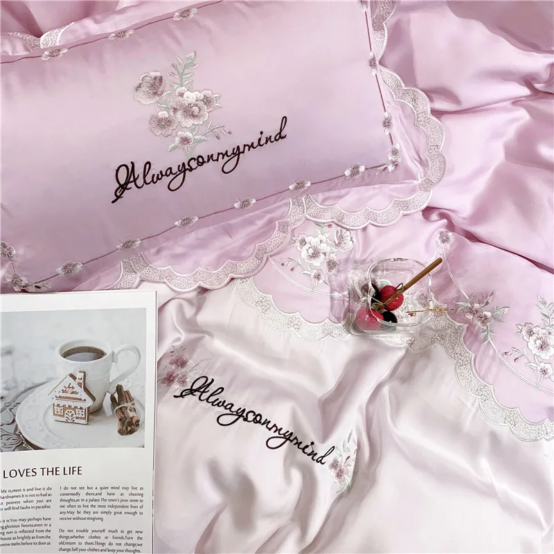 600TC Тенсел шелк шикарная вышивка персиковый розовый постельный комплект летний ультра мягкий легкий King queen размер простыня пододеяльник