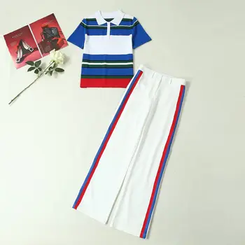 

New clothes for women in Europe and America for the summer of 2019 Short sleeve striped knit T-shirt Wide-legged pants suits