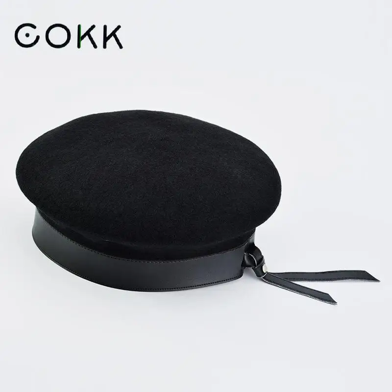 

COKK Wool Beret Women's Winter Hat Pu Leather Brim Woolen Beret Cap Painter Hat Female Boina Feminina England Gorras Black Retro