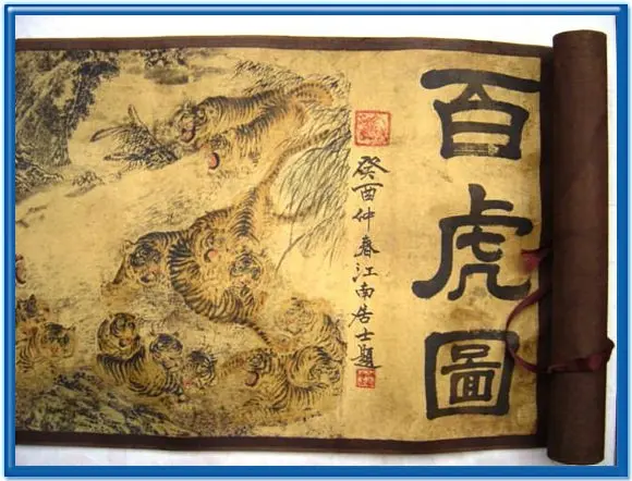 Čínský Qing Dyansty Scroll Malování sto tygrů, 400 cm dlouhé