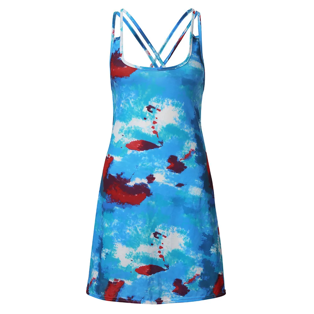 

Summer Sundress Women Loose Beach Dress Women's Polyester Casual Mini Blue Printed O-Neck Cross-Waistcoat Dresses L521