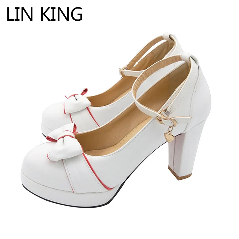 

LIN KING Fashion Buckle Square Heel Women Pumps Breathable Bowtie Round Toe Woman Shoes Slimming High Heel Ladies Single Shoes