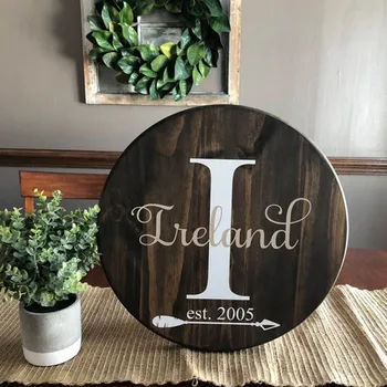 

Round Minimalist Retro Romantic Wedding Sign Showing Groom Bride Name Date Display Sign Rustic Personalized Wooden Sign