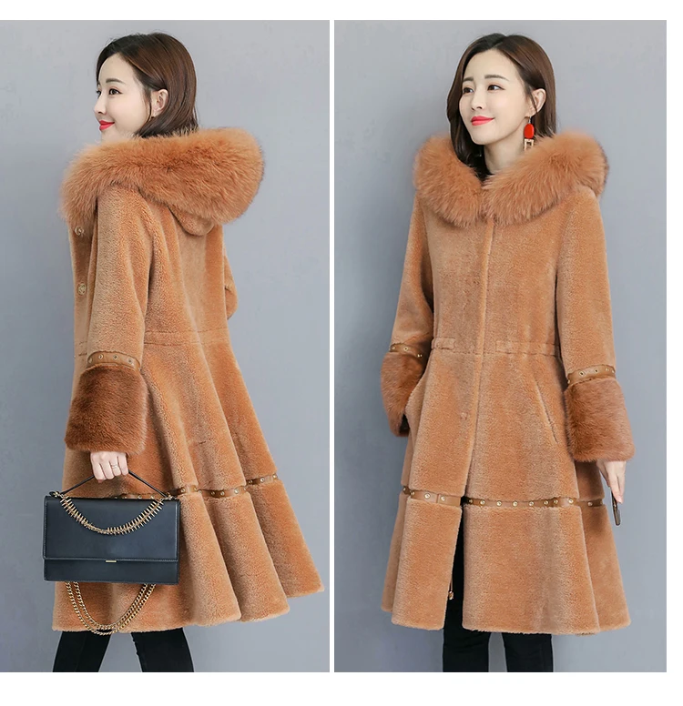 HANZANGL зимнее шерстяное Женское пальто размера плюс с капюшоном из лисьего меха, плотное теплое меховое пальто с юбкой, куртка с подолом, пальто M~ 4XL