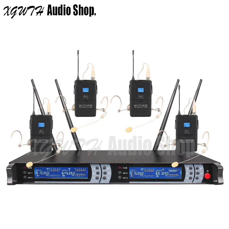 

200 Channels UHF Wireless Microphone System with Beige Cordless 4 Bodypack Transmitter Receiver Headset Mic for Stage DJ Karaoke