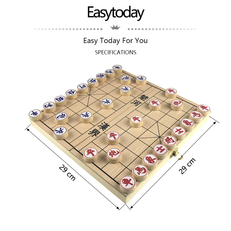 Easytoday الصلبة الخشب الصينية الشطرنج للطي الترفيه لعبة الشطرنج قطع الشطرنج الصينية الدائرية التكوين القياسية