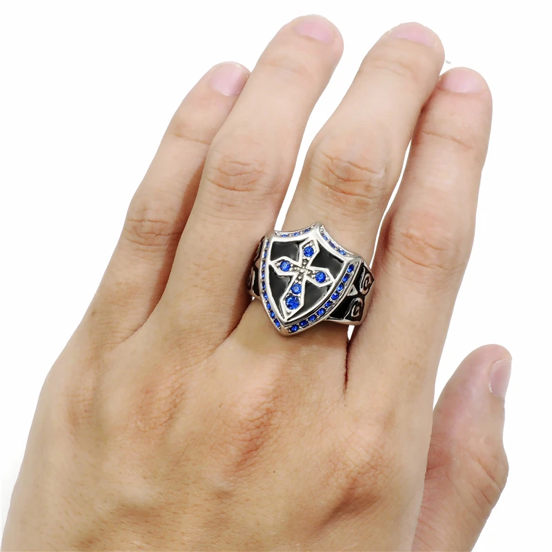 Men's Women's Silver Blue Crystal Cross Noble Knight Stainless Steel Ring Size 8-15