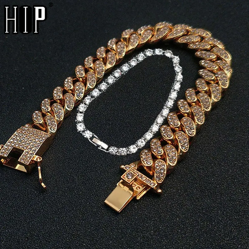 

Hip Hop 1Set Full Rhinestone Bling Iced Out Miami Cuban Men's Bracelet Pave Gold Link Chain Bracelets for Men Jewelry