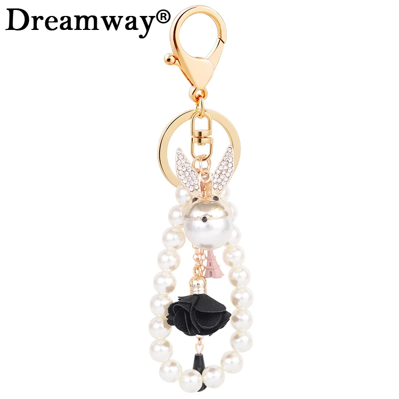 Lovely pearl rabbit head keychain black flower taseel keyring for women bag accessory charm