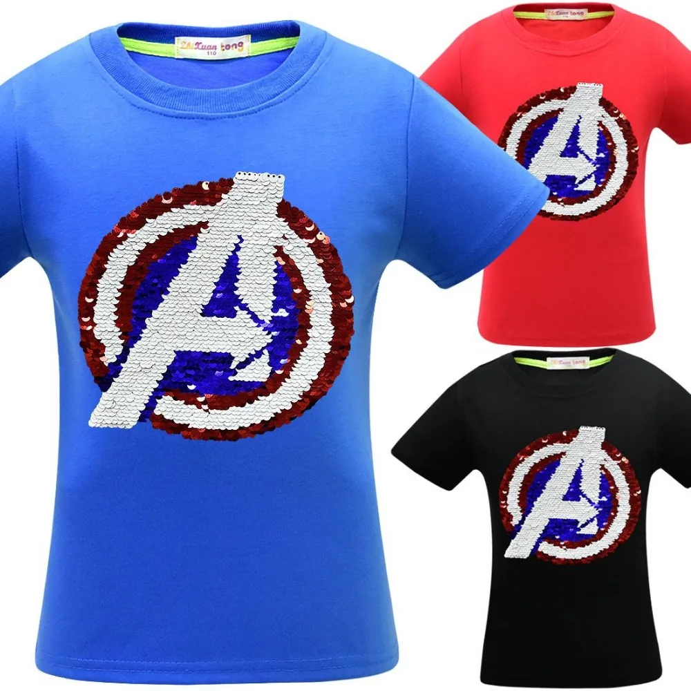 Двухсторонняя Детская рубашка с блестками и принтом «мстители» костюм для косплея для мальчиков футболка Топ для девочек, футболки с короткими рукавами, Марвел Капитан