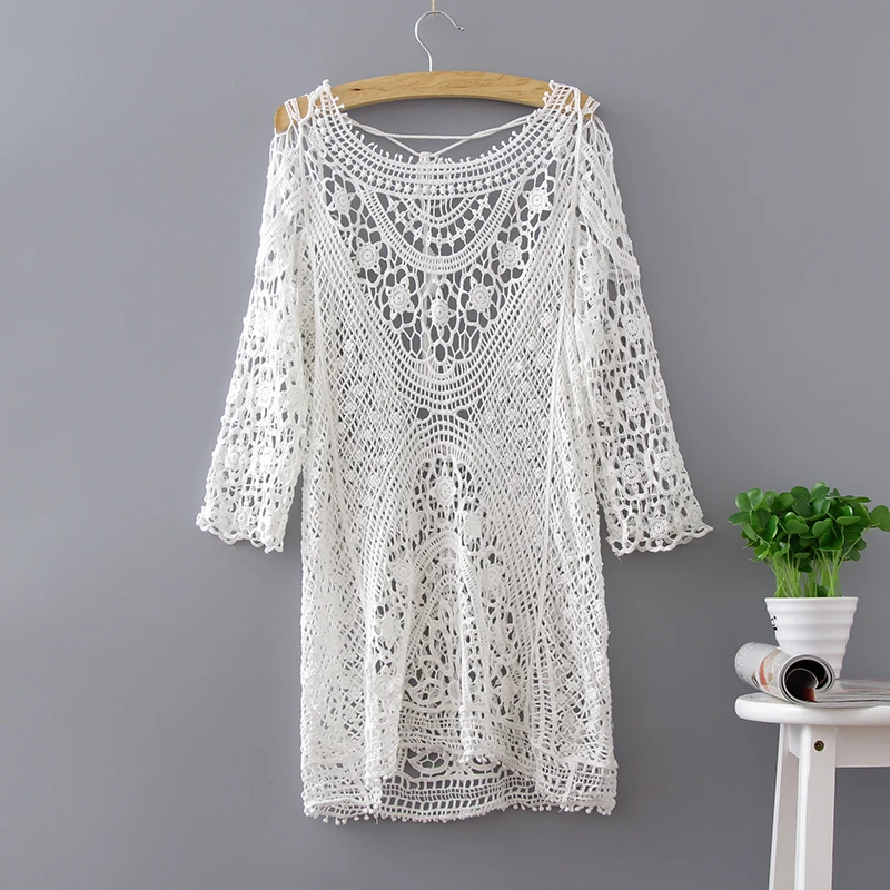 

gkfnmt Summer Women Sexy Lace Crochet Bikini Cover Up Swimwear Beach Tops Pareo Beach Cover ups Capes Blouse Hollow Out Coat