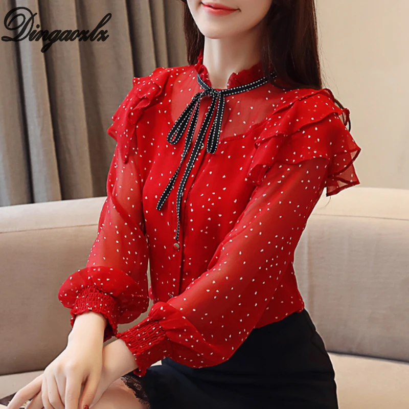 

Dingaozlz Korean style Printed Women shirt Long-sleeved Chiffon blouse Ruffles Bow tie Casual Female Tops Blusa